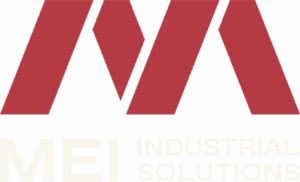 Official corporate logo for MEI Industrial Solutions featuring a bold red geometric icon above black text reading MEI INDUSTRIAL SOLUTIONS.